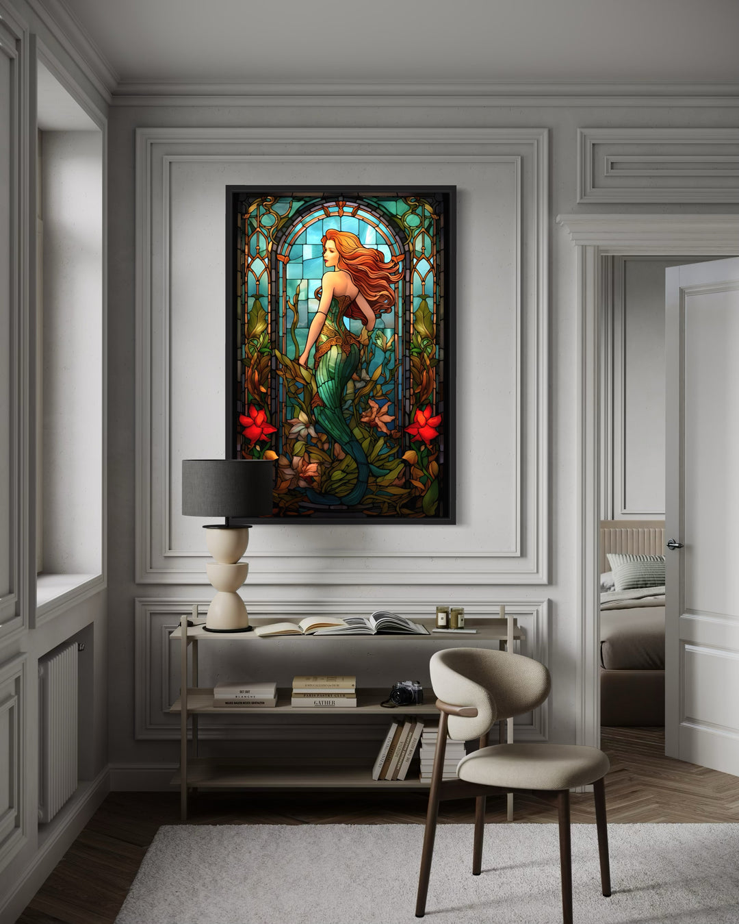 Art Nouveau Mermaid Stained Glass Style Framed Canvas Wall Art