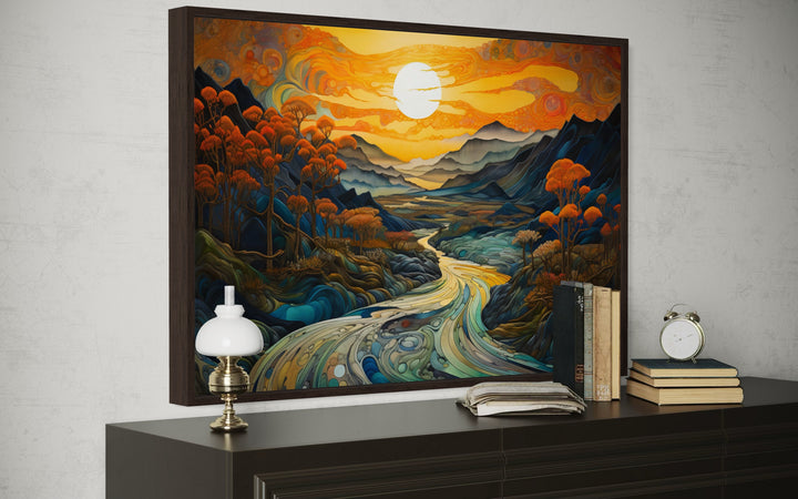 Art Nouveau Sunset Mountains Landscape Framed Canvas Wall Art