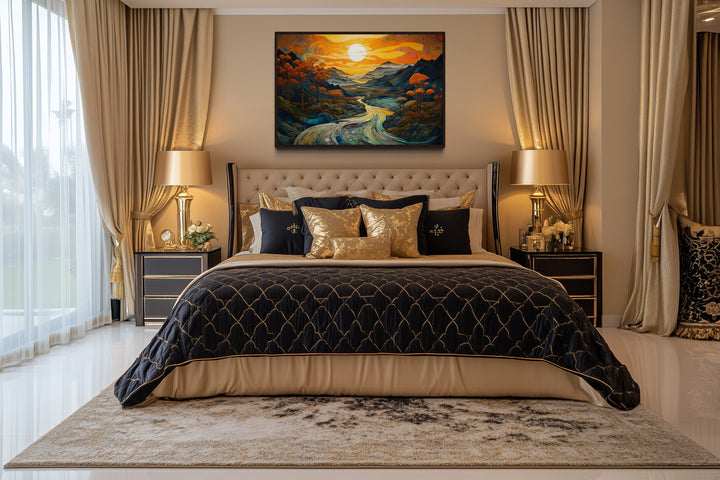 Art Nouveau Sunset Mountains Landscape Framed Canvas Wall Art