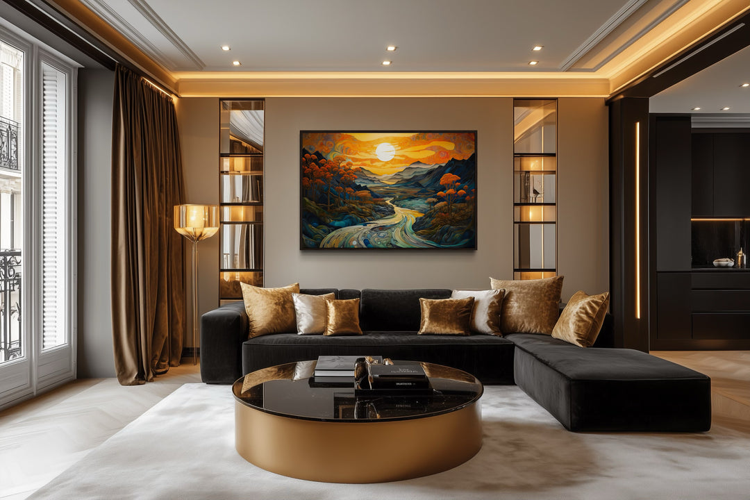 Art Nouveau Sunset Mountains Landscape Framed Canvas Wall Art