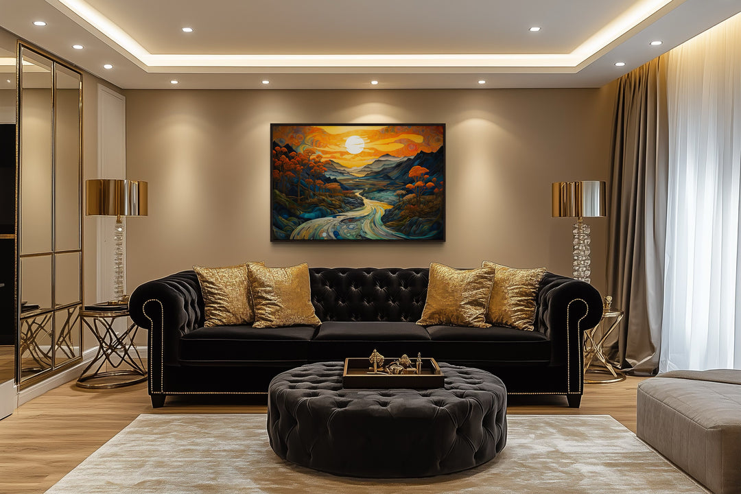 Art Nouveau Sunset Mountains Landscape Framed Canvas Wall Art