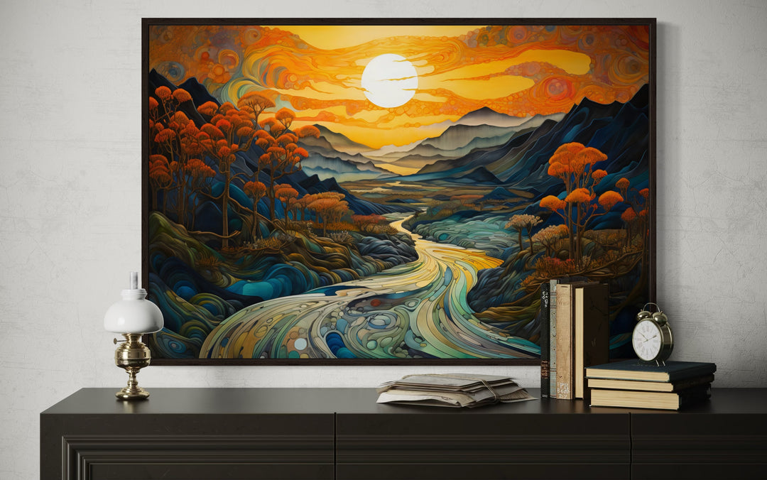 Art Nouveau Sunset Mountains Landscape Framed Canvas Wall Art