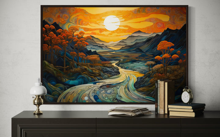 Art Nouveau Sunset Mountains Landscape Framed Canvas Wall Art