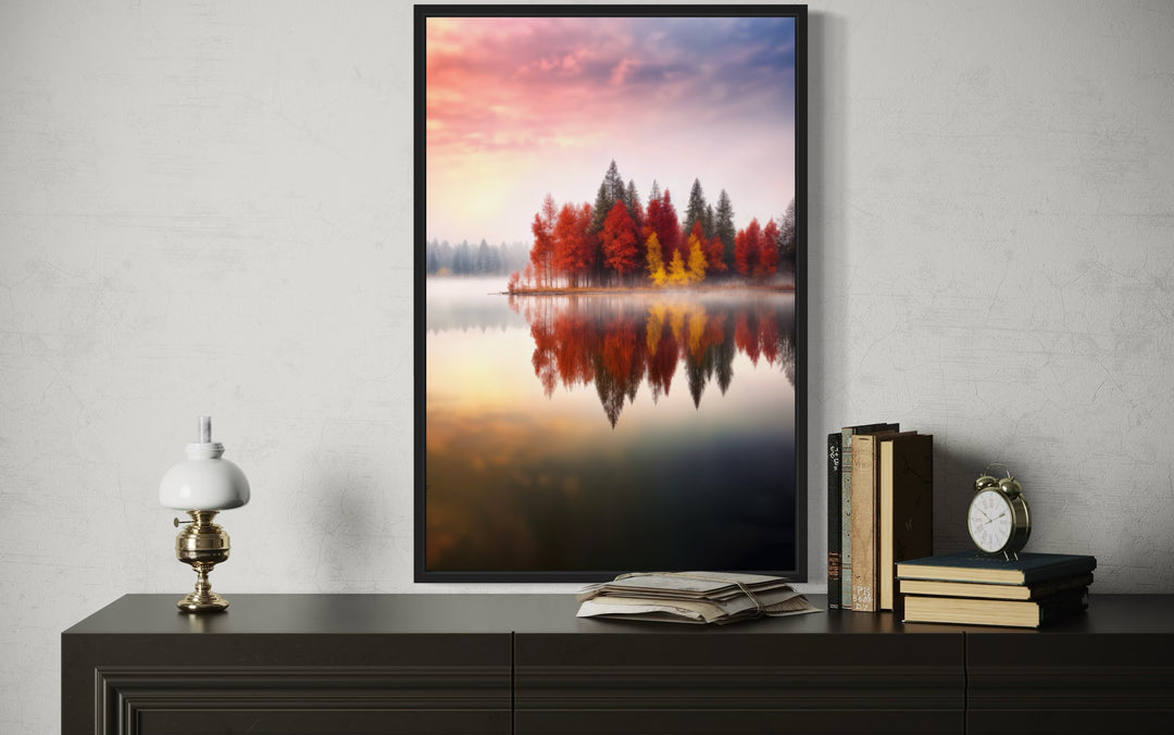 Autumn Fall Foliage Reflected in Lake Framed Canvas Wall Art