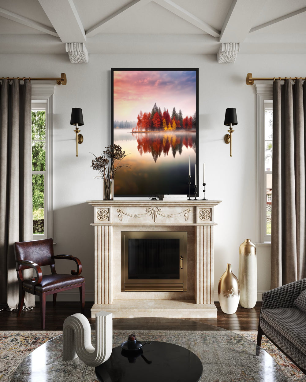 Autumn Fall Foliage Reflected in Lake Framed Canvas Wall Art