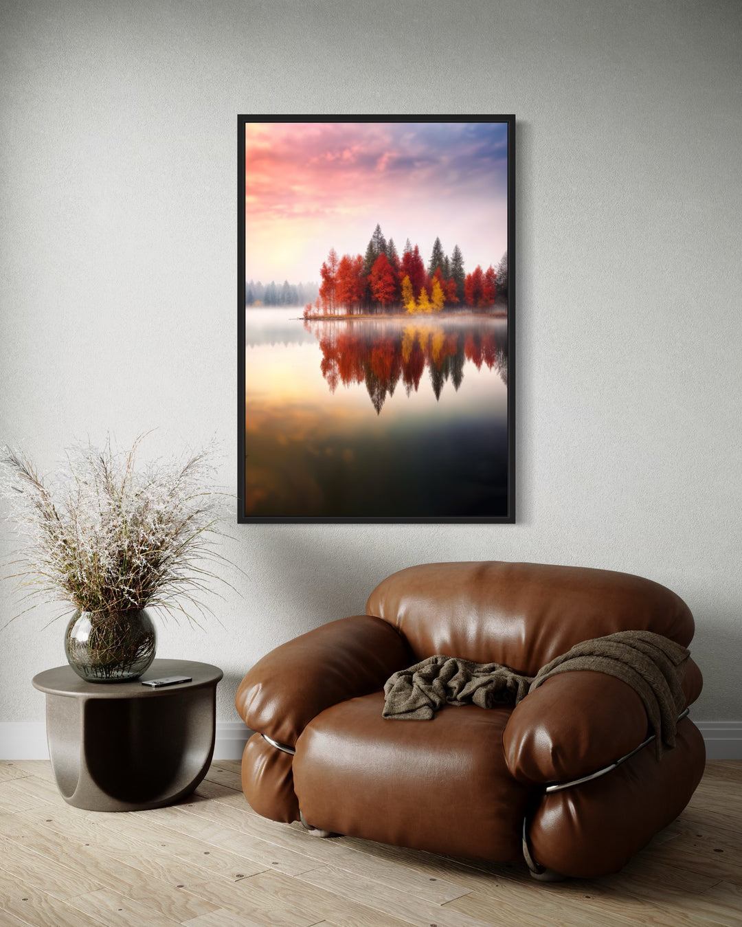 Autumn Fall Foliage Reflected in Lake Framed Canvas Wall Art
