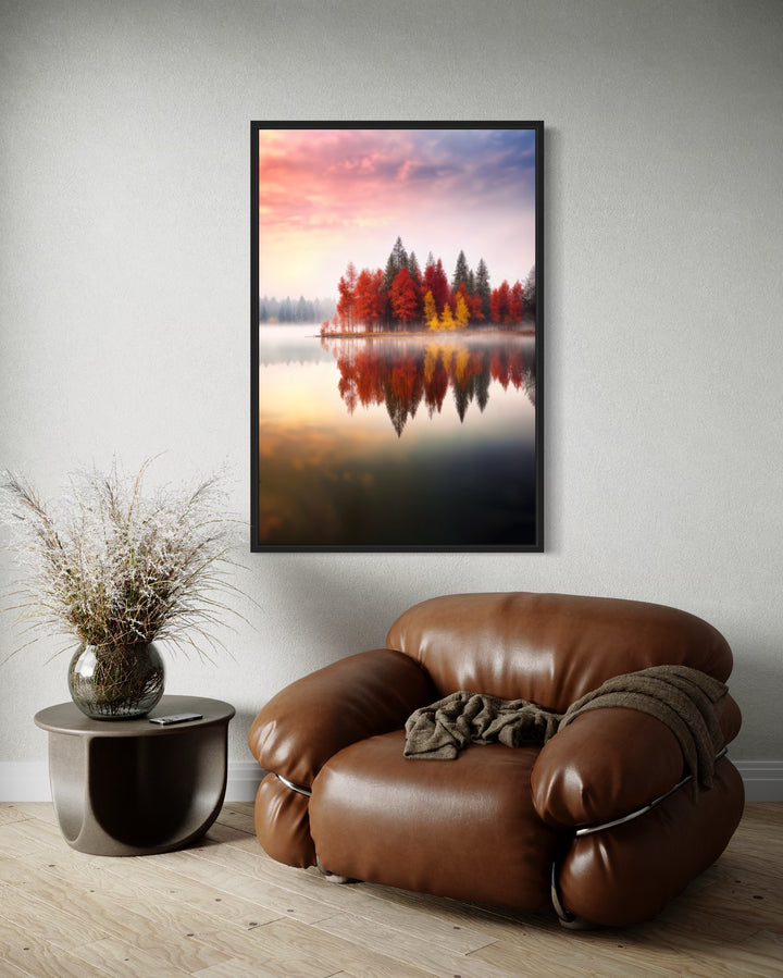 Autumn Fall Foliage Reflected in Lake Framed Canvas Wall Art