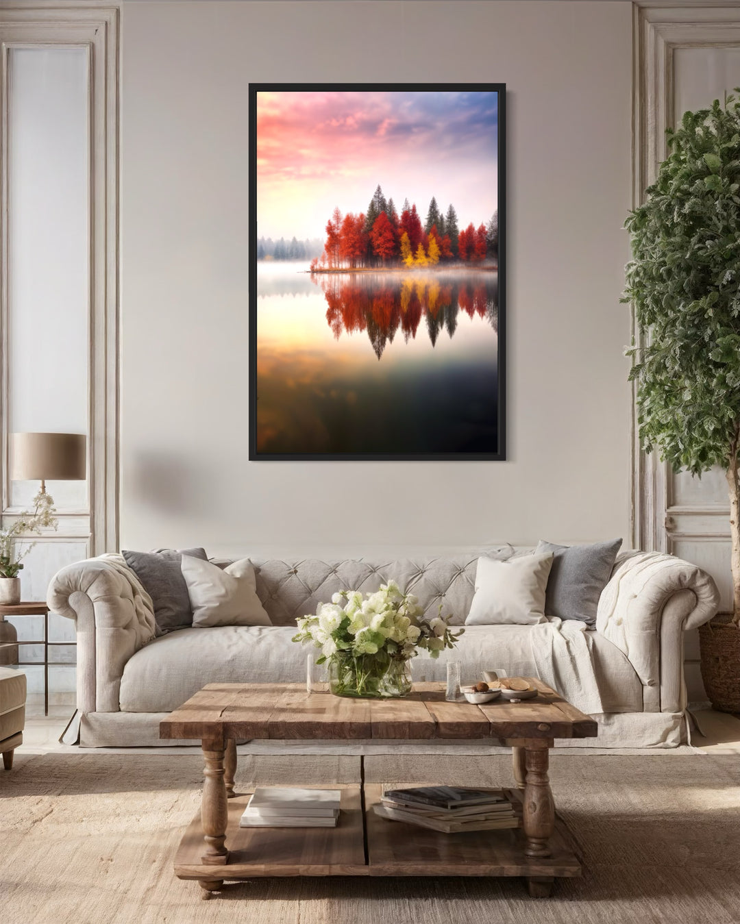 Autumn Fall Foliage Reflected in Lake Framed Canvas Wall Art