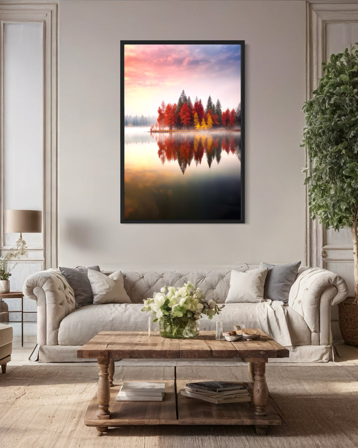 Autumn Fall Foliage Reflected in Lake Framed Canvas Wall Art