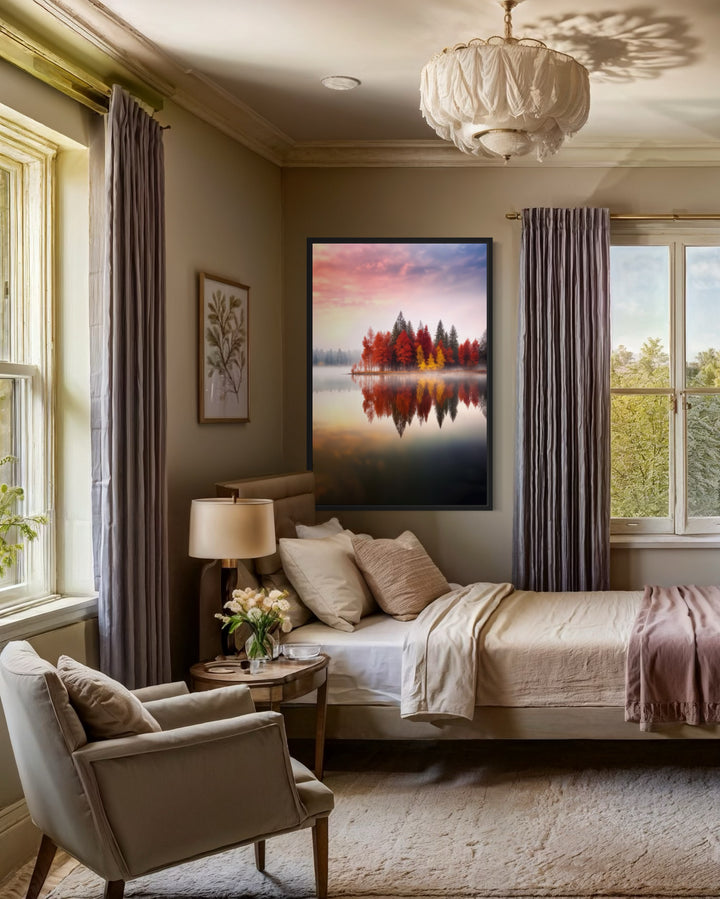 Autumn Fall Foliage Reflected in Lake Framed Canvas Wall Art