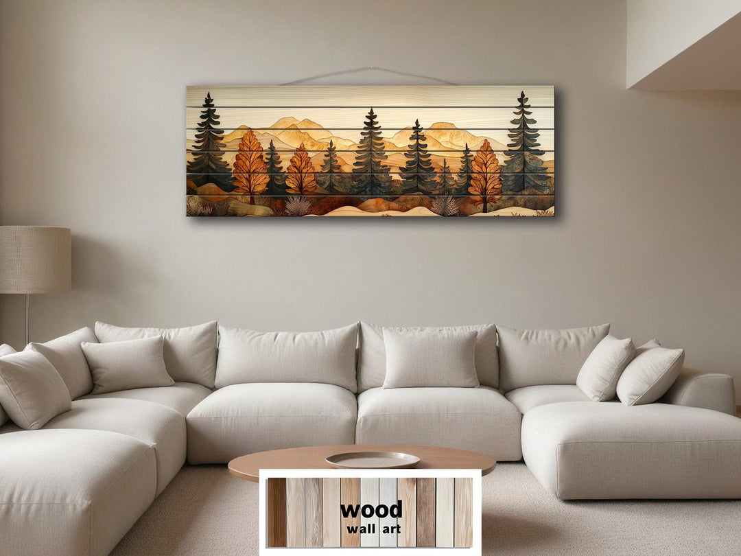 Autumn Forest Real Wood Wall Art Long Horizontal Rustic Lodge Sign
