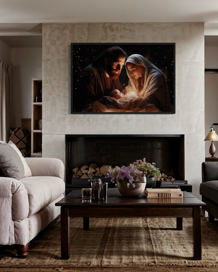 Baby Jesus, Mary and Joseph Nativity Scene Framed Canvas Wall Art