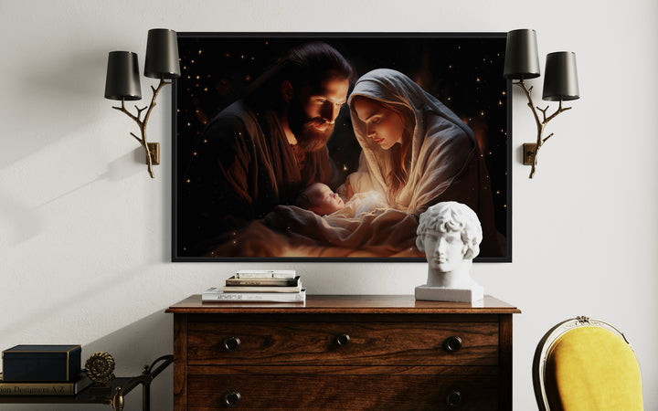 Baby Jesus, Mary and Joseph Nativity Scene Framed Canvas Wall Art