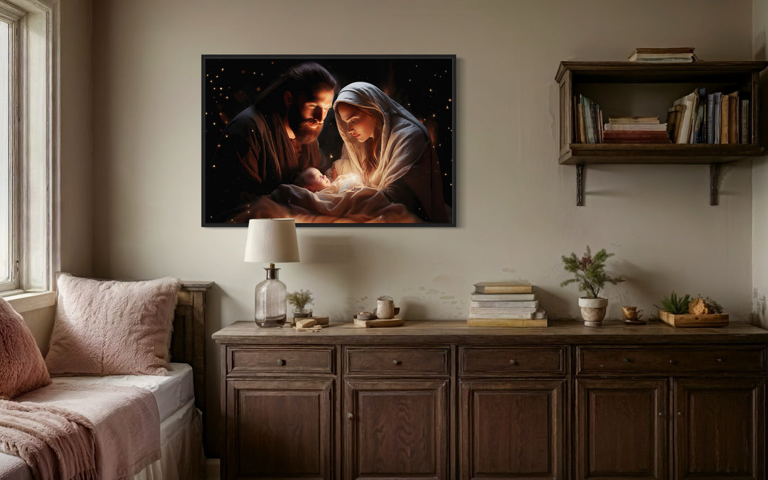 Baby Jesus, Mary and Joseph Nativity Scene Framed Canvas Wall Art