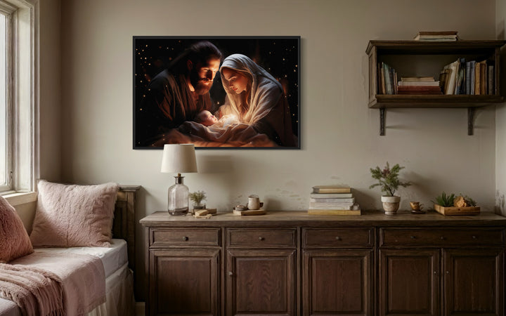 Baby Jesus, Mary and Joseph Nativity Scene Framed Canvas Wall Art