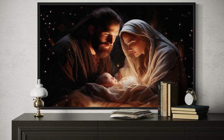 Baby Jesus, Mary and Joseph Nativity Scene Framed Canvas Wall Art
