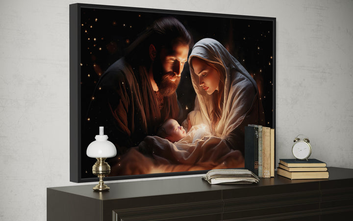 Baby Jesus, Mary and Joseph Nativity Scene Framed Canvas Wall Art