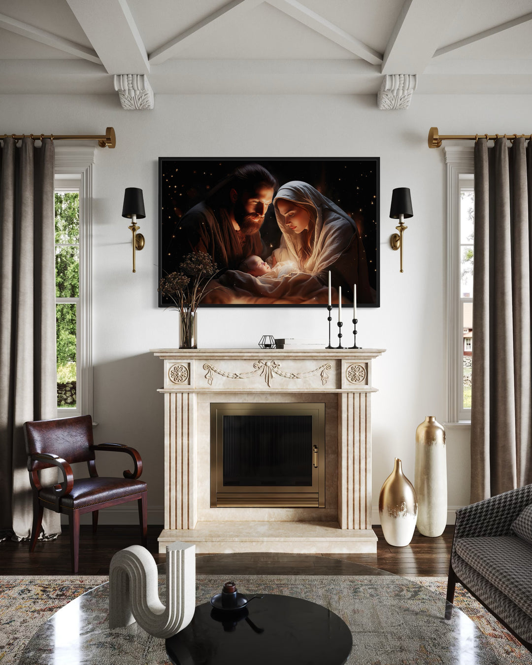 Baby Jesus, Mary and Joseph Nativity Scene Framed Canvas Wall Art