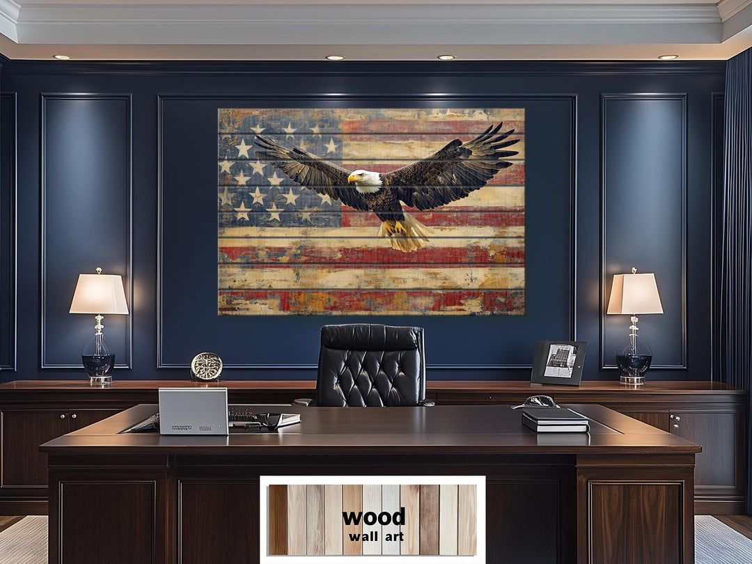 Bald Eagle and American Flag Wood Sign – Rustic Patriotic Real Wood Wall Art
