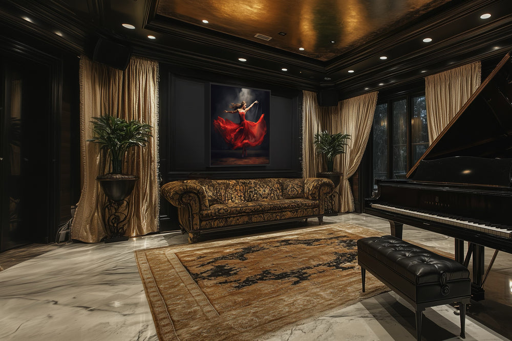 Ballerina In Red Dress Dancing Framed Canvas Wall Art