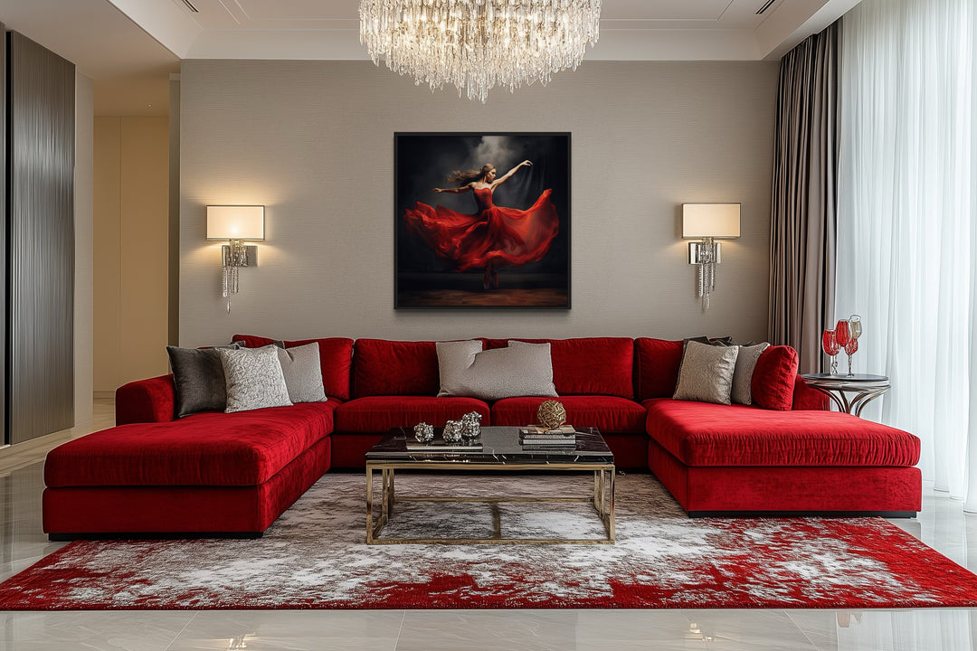 Ballerina In Red Dress Dancing Framed Canvas Wall Art