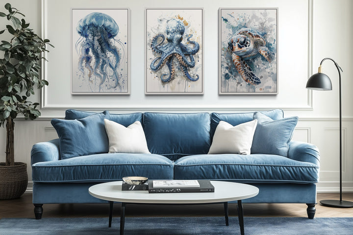 Beach House Wall Art - 3 Piece Marine Animals Octopus, Sea Turtle, Jellyfish