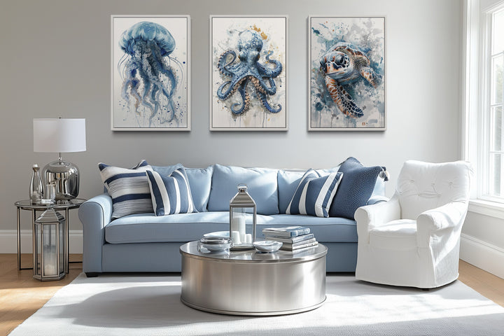 Beach House Wall Art - 3 Piece Marine Animals Octopus, Sea Turtle, Jellyfish