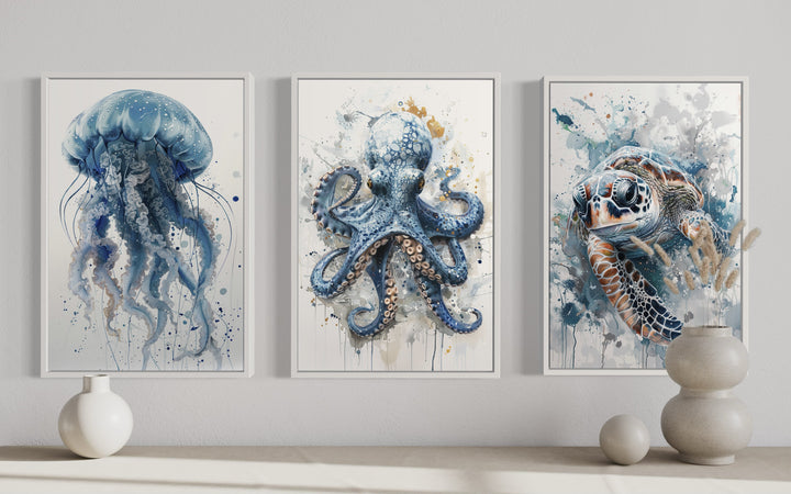 Beach House Wall Art - 3 Piece Marine Animals Octopus, Sea Turtle, Jellyfish