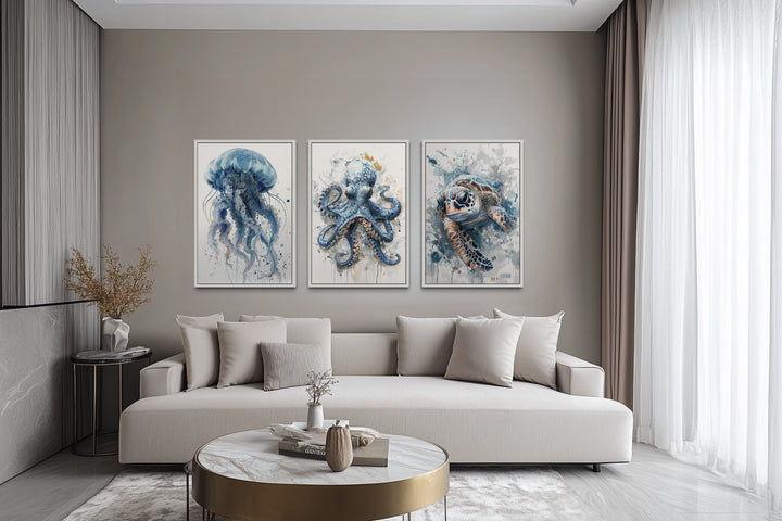 Beach House Wall Art - 3 Piece Marine Animals Octopus, Sea Turtle, Jellyfish