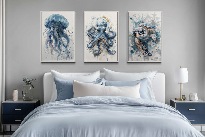 Beach House Wall Art - 3 Piece Marine Animals Octopus, Sea Turtle, Jellyfish