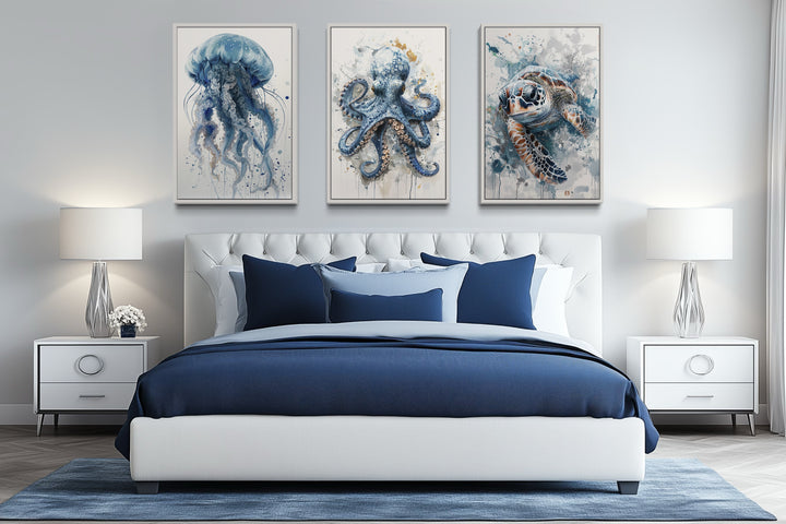 Beach House Wall Art - 3 Piece Marine Animals Octopus, Sea Turtle, Jellyfish