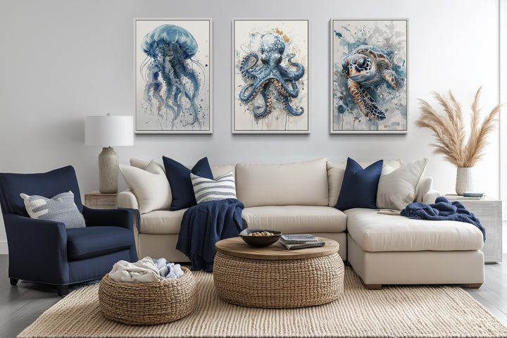 Beach House Wall Art - 3 Piece Marine Animals Octopus, Sea Turtle, Jellyfish