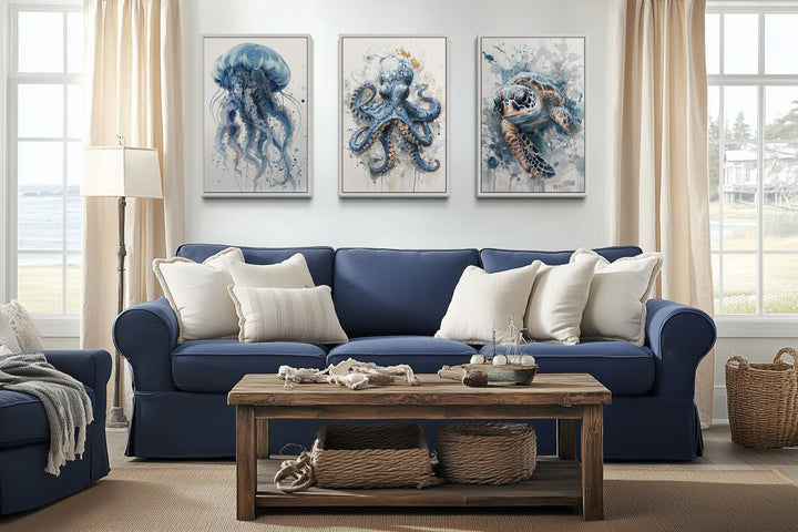 Beach House Wall Art - 3 Piece Marine Animals Octopus, Sea Turtle, Jellyfish