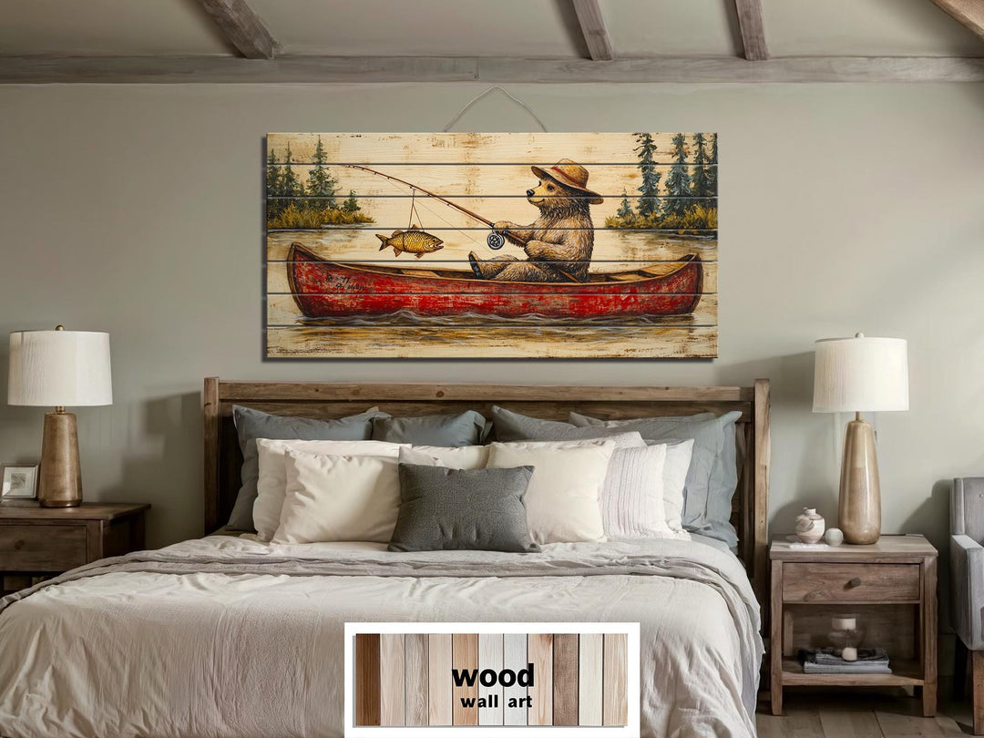 Bear Fishing In Red Canoe Distressed Wood Wall Art