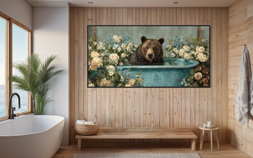 Bear In Bathtub With Flowers Canvas Wall Art
