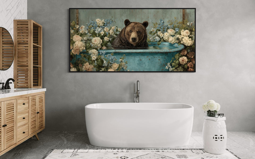 Bear In Bathtub With Flowers Canvas Wall Art