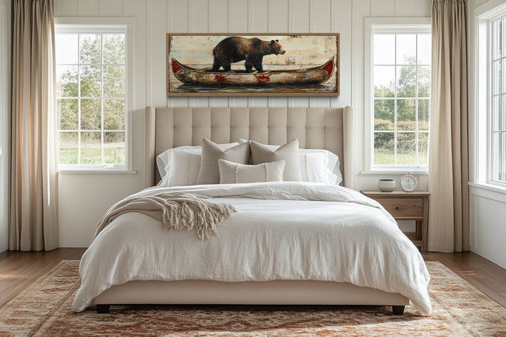 Bear In Canoe Long Horizontal Framed Canvas Wall Art For Cabin Decor
