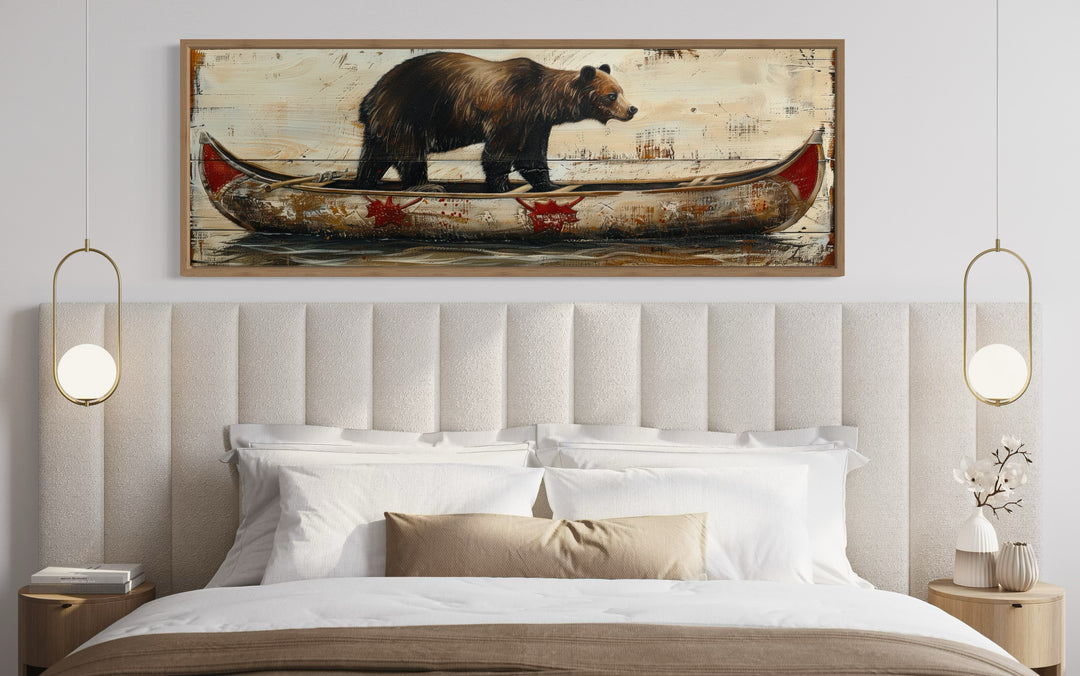 Bear In Canoe Long Horizontal Framed Canvas Wall Art For Cabin Decor