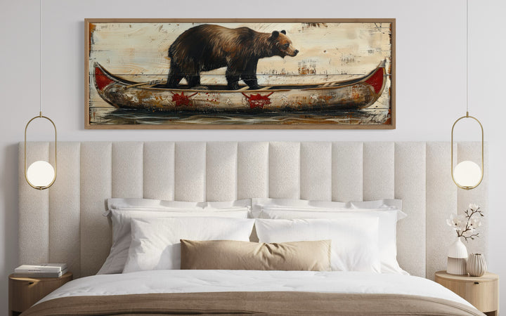 Bear In Canoe Long Horizontal Framed Canvas Wall Art For Cabin Decor