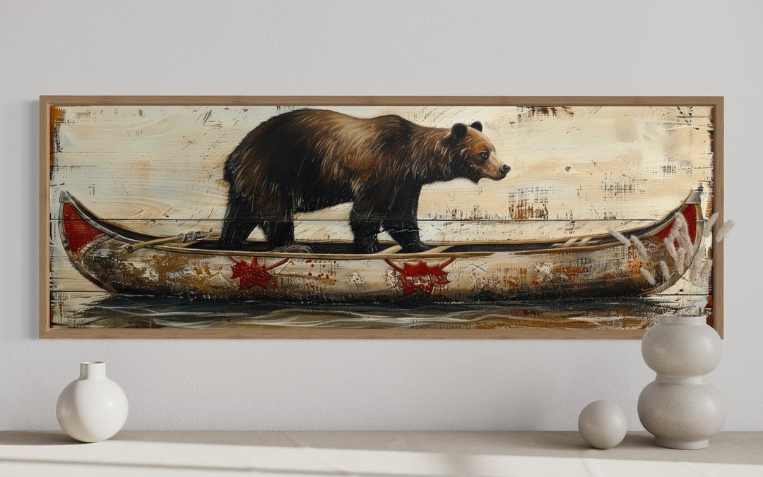 Bear In Canoe Long Horizontal Framed Canvas Wall Art For Cabin Decor