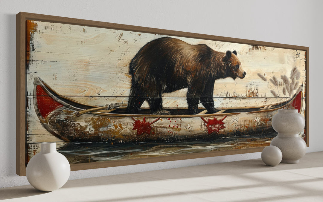 Bear In Canoe Long Horizontal Framed Canvas Wall Art For Cabin Decor