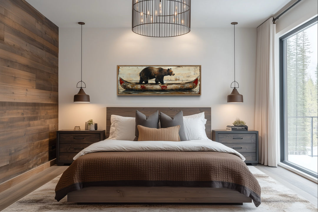 Bear In Canoe Long Horizontal Framed Canvas Wall Art For Cabin Decor
