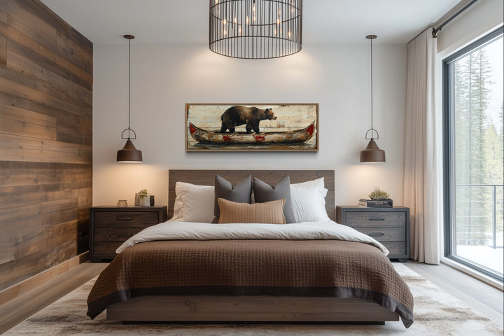 Bear In Canoe Long Horizontal Framed Canvas Wall Art For Cabin Decor