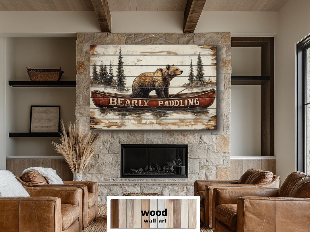 Bear In Red Canoe Distressed Wood Wall Art