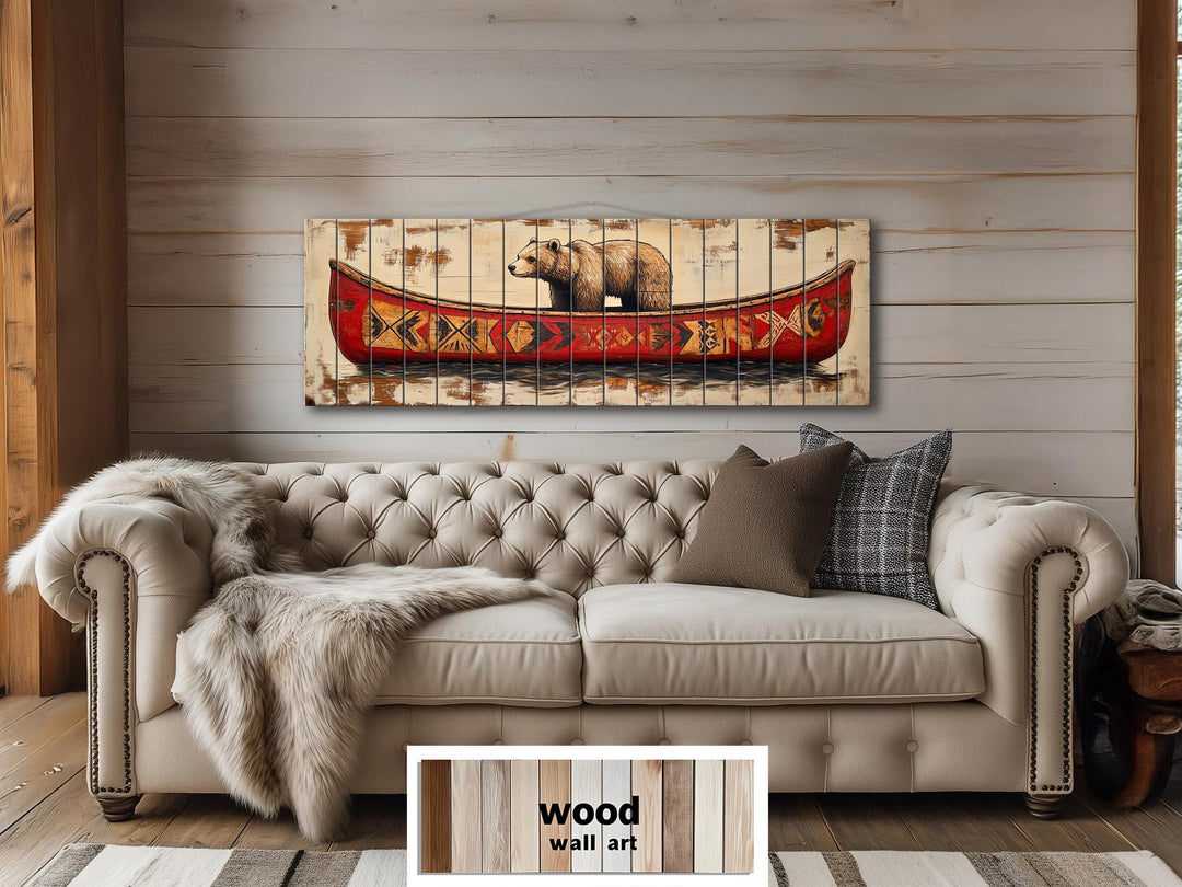 Bear In Red Canoe Real Wood Wall Art For Cabin Wall Decor