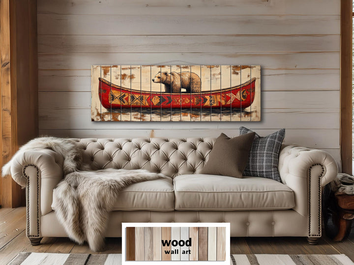 Bear In Red Canoe Real Wood Wall Art For Cabin Wall Decor
