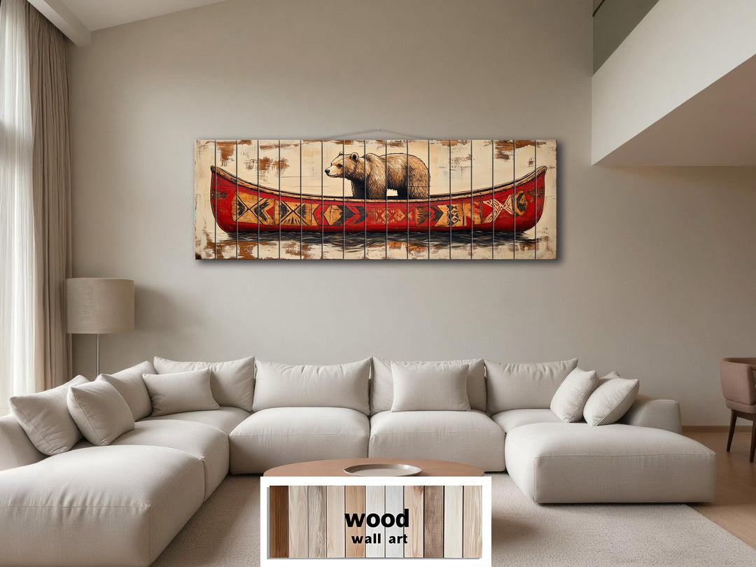 Bear In Red Canoe Real Wood Wall Art For Cabin Wall Decor