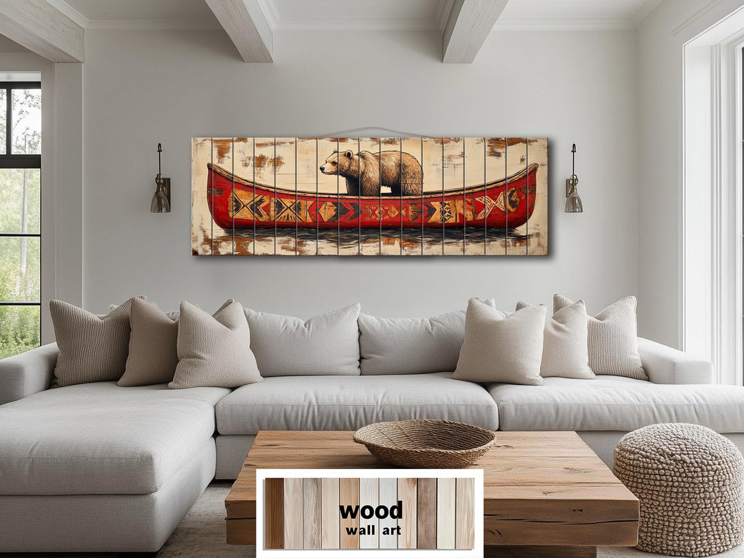 Bear In Red Canoe Real Wood Wall Art For Cabin Wall Decor