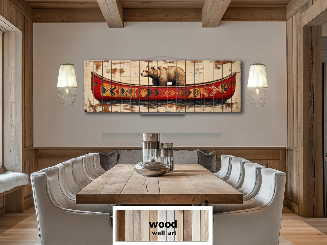 Bear In Red Canoe Real Wood Wall Art For Cabin Wall Decor