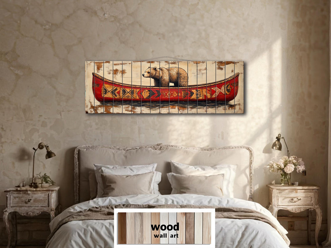 Bear In Red Canoe Real Wood Wall Art For Cabin Wall Decor
